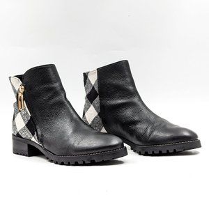 Talbots Women Tish Lug Pebble Black Leather Fabric Zip ankle boots size 10